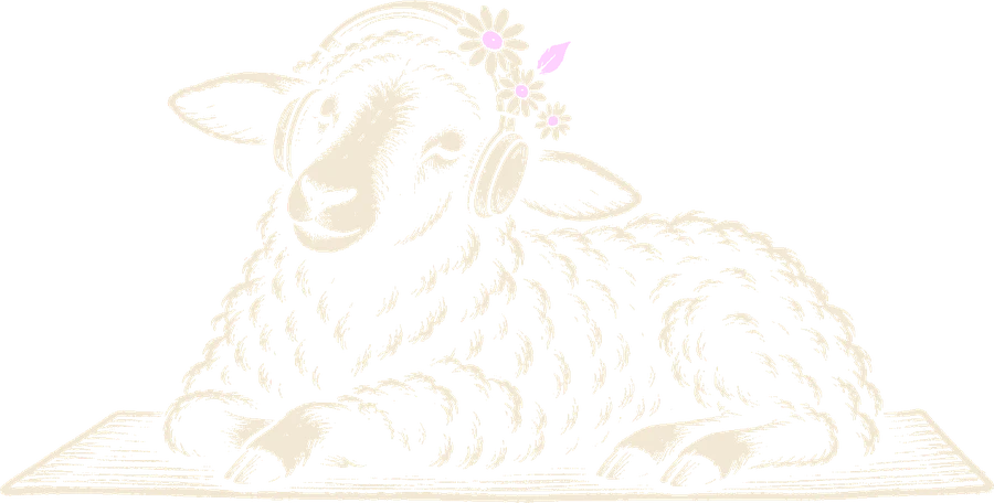 Black sheep with headphones lying peacefully on a mat
